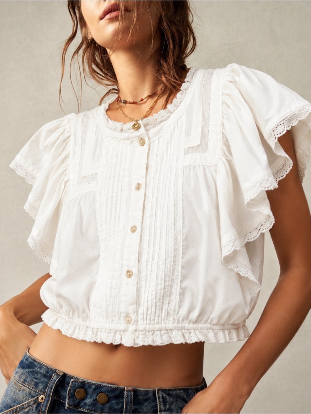 LoveShackFancy Nora Heritage Top White Lace Ruffle Cottagecore Blouse M